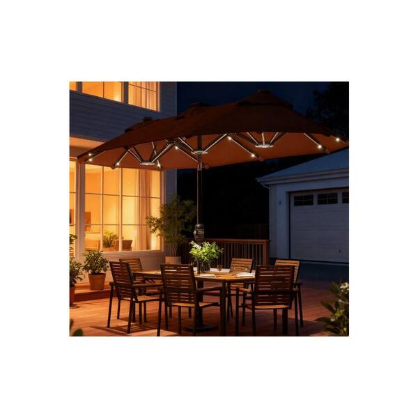beige patio umbrella with lights OVIOS 15ft Solar Patio Umbrella with APP