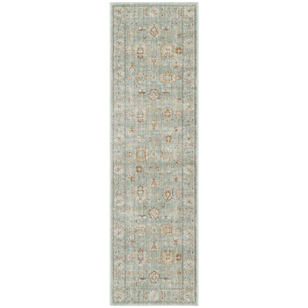 Mint Green Vintage Persian Style Runner Rug with Fringe Edges