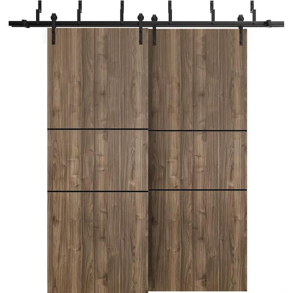 72 in. x 96 in. 2-Panel Walnut Solid Wood with Honeycomb Sliding Barn Door with Hardware Kit