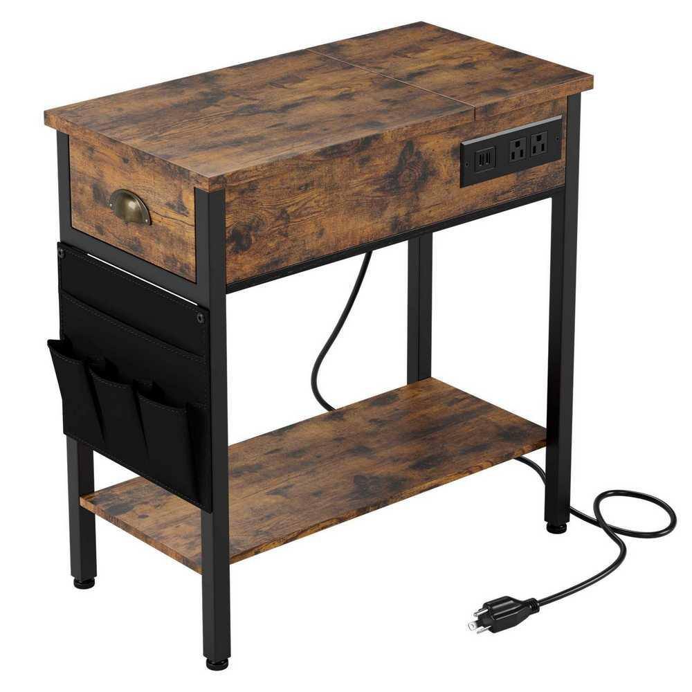 Idealhouse 23.62 in. Rustic Brown Rectangle Wood Top End Table with