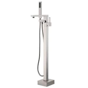 Single-Handle Rectangular Claw Foot Freestanding Bathtub Filler Faucet with Hand Shower in Brush Nickel