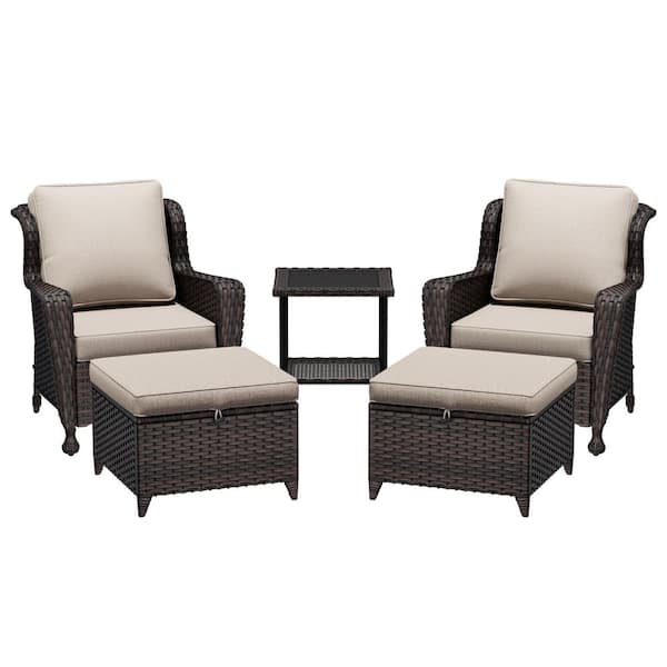 Brown 5-Piece Wicker Patio Conversation Seating Set with Blue Cushions