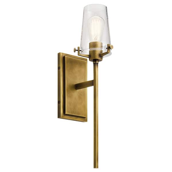KICHLER Alton 1-Light Natural Brass Bathroom Indoor Wall Sconce Light with Clear Seeded Glass Shade