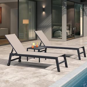 Textilene 3-Pieces Outdoor Pool Lounge Chairs with Side Table and Wheels, Beige