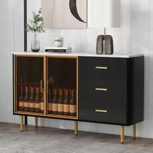 Black Wood 60 in. Buffet Cabinet with 3-Drawers, Amber Tempered Glass Doors and Marble Sticker Tabletop