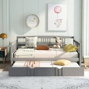 Full Size Daybed Wood Bed with Twin Size Trundle - Gray