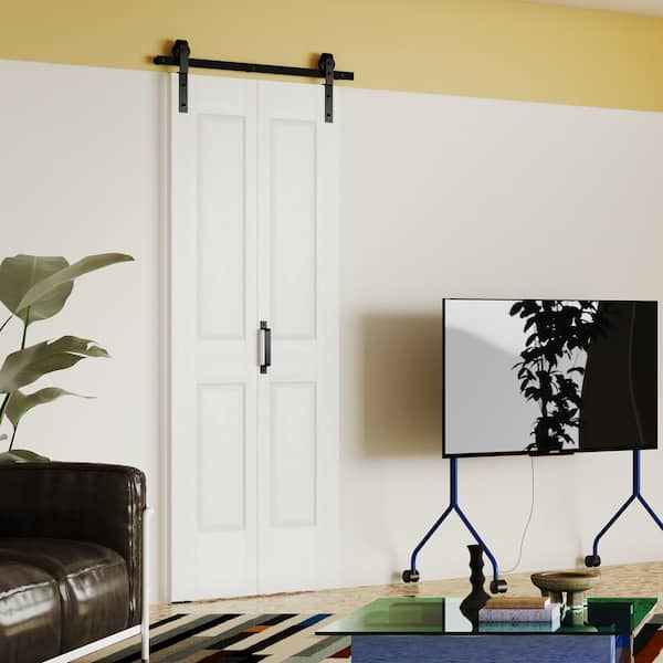 30 in. x 84 in. White Painted, MDF, 4 Panel, Pre-Assembled Panel Bi-Fold Style Sliding Barn Door with Hardware Kit