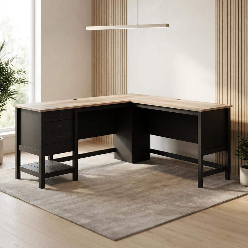 Raven Oak 65 in. Wide L-Shaped Executive Desk Storage Contemporary Home Office Style