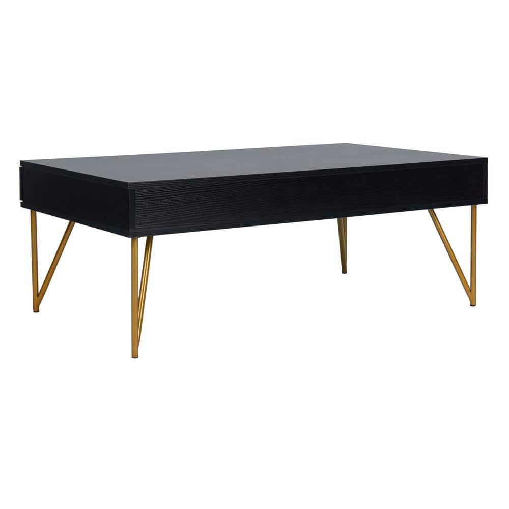 Rectangular Black and Gold Wood Metal Coffee Table with Storage