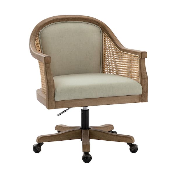 JAYDEN CREATION Cyril Linen Adjustable Height Task Chair with Rattan Arms and 360-Degree Spin Rolling Caster Wheels