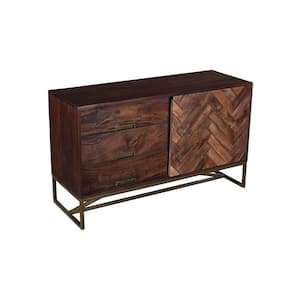Brown Herringbone in Laid Single Door Wood Sideboard Cabinet with 3-Drawers and Metal Base