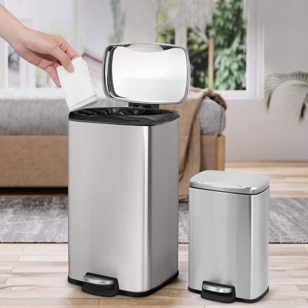 Fingerprint Resistant Brushed Stainless Steel Step-On Trash Can Set