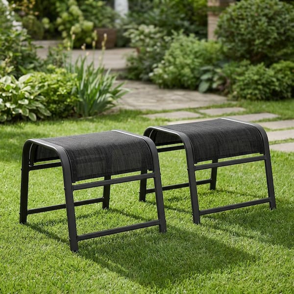 (Pack-2) Textilene Fabric Metal Frame Black Outdoor Ottoman with Navy Cushion for Patio