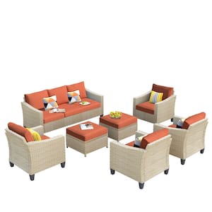 Oconee Beige 7-Piece Beautiful Outdoor Patio Conversation Sofa Seating Set with Orange Red Cushions