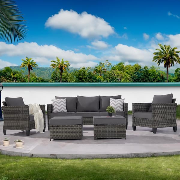 SANSTAR 5-Piece Patio Conversation Sofa Set Garden Furniture Sectional Seating Set with Ottoman, Gray Cushion