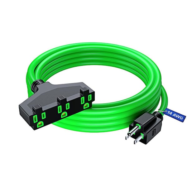 15 ft. 14 / 3 Medium / Heavy Duty Indoor T-Shaped Extension Cord 3-Outlet 15 Amps Green
