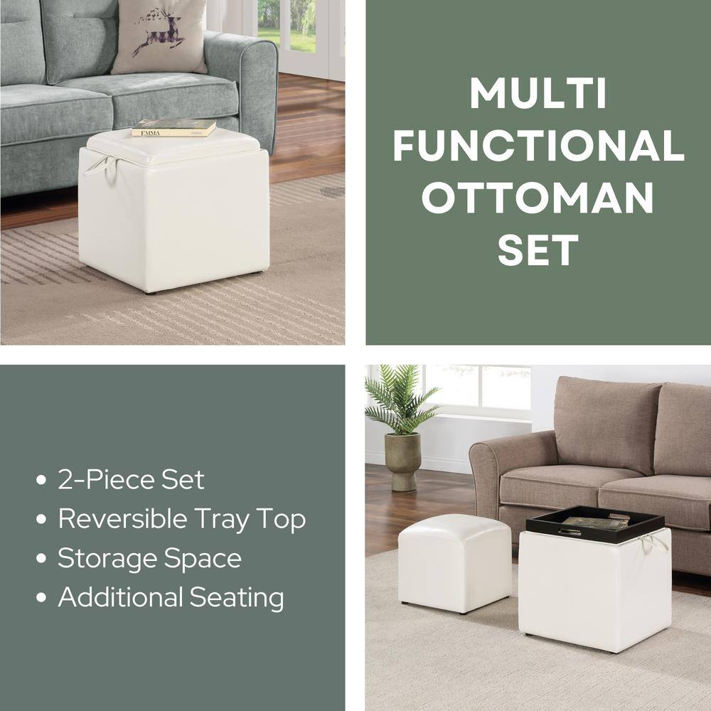 Park Avenue White 18" Square Storage Ottoman with Reversible Tray