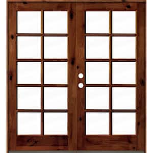 72 in. x 80 in. French Knotty Alder Wood 10-Lite Clear Glass Red Chestnut Stain Right Active Double Prehung Front Door