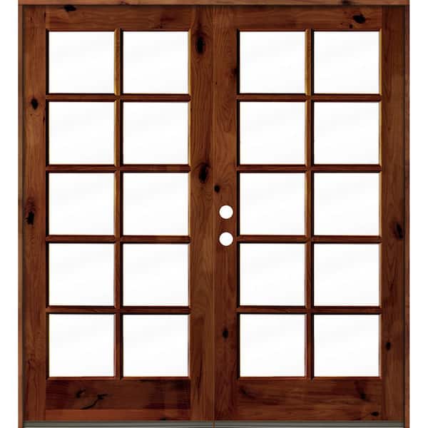 72 in. x 80 in. French Knotty Alder Wood 10-Lite Clear Glass Red Chestnut Stain Right Active Double Prehung Front Door