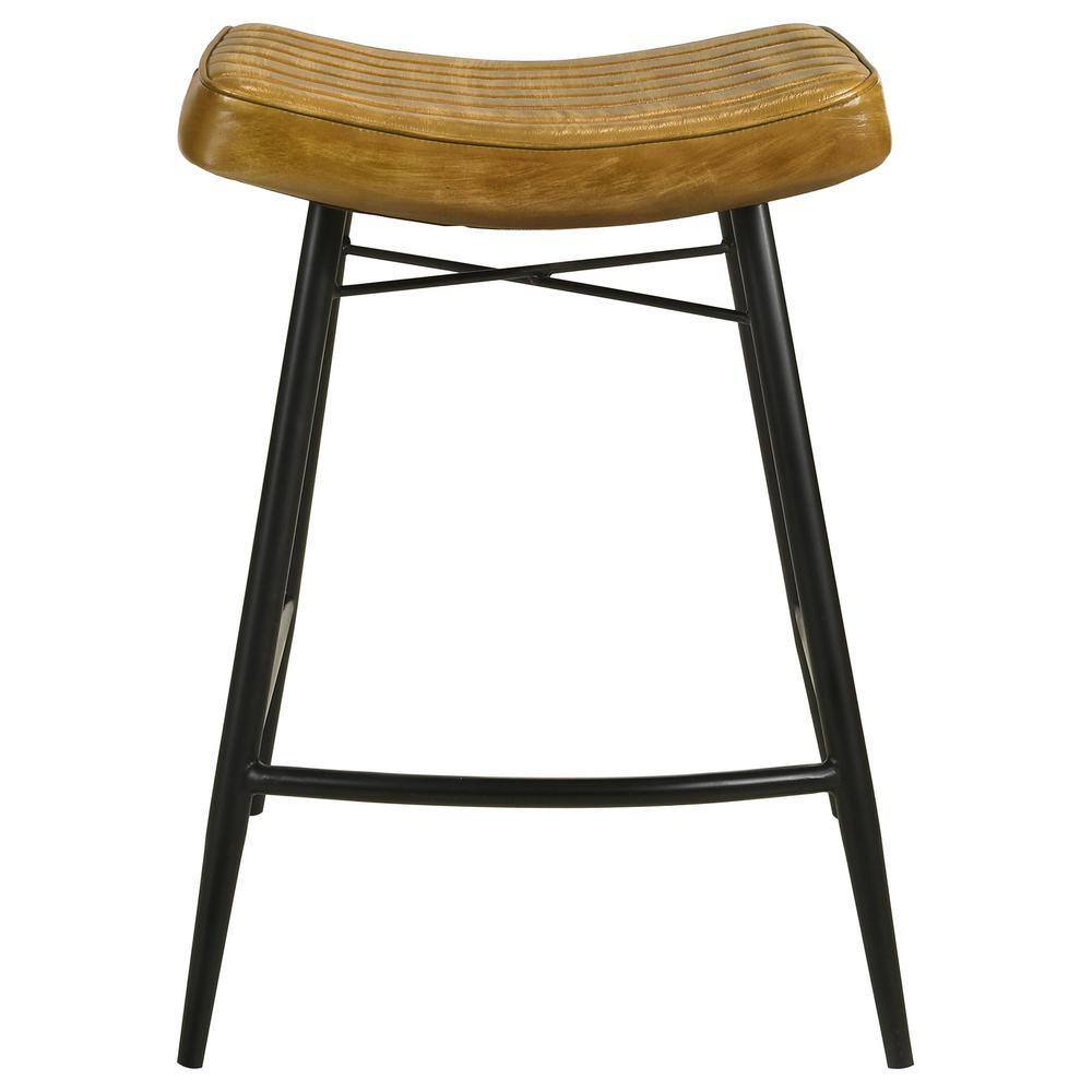 Light Brown Leather and Black Metal Saddle Counter Stool