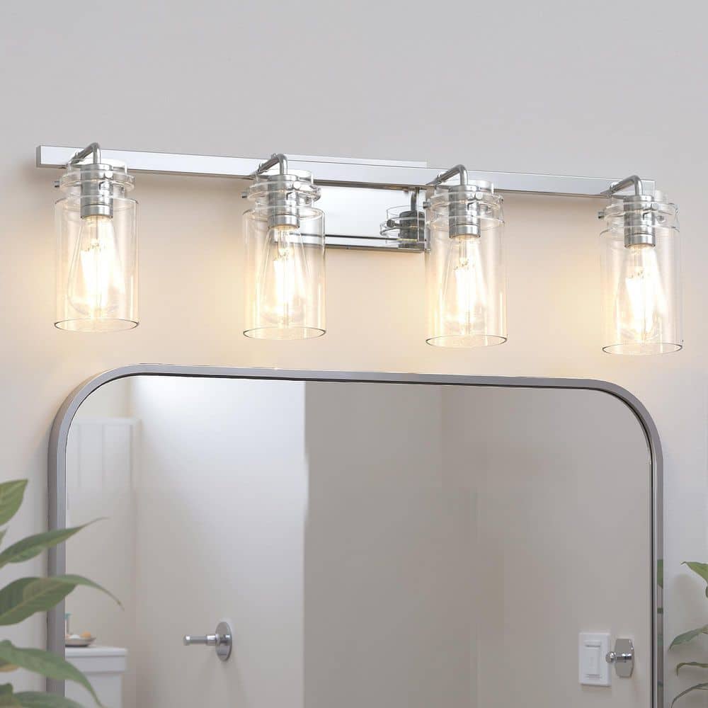 28 in. Industrial 4-Light Chrome Farmhouse Vanity Light with Glass Shades for Bathroom price history on PriceWatchPro