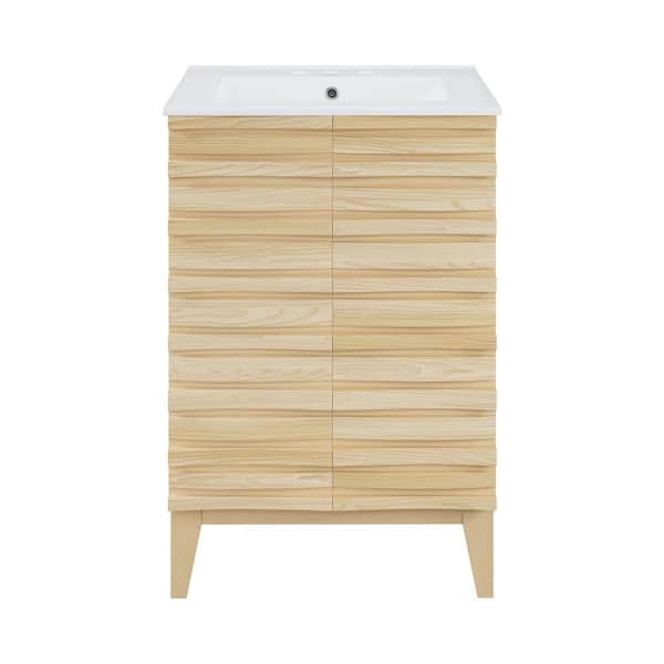 Swiss Madison Cascade 24 in. W. Natural Oak Bathroom Vanity in White with 3-Hole Ceramic Sink Top