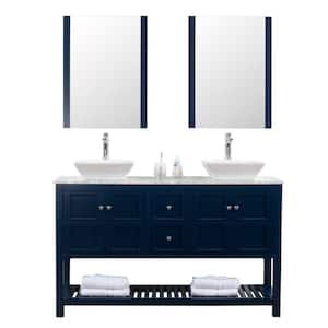 Manhattan 60 in. W x 18 in. D Bath Vanity in Navy with Marble Vanity Top in White with White Basin and Mirror