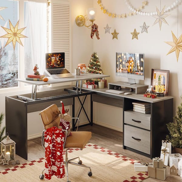 Bestier 55.7 in. Retro Grey Oak Light 2 Drawer L-Shaped Computer Desk with Lift-Top