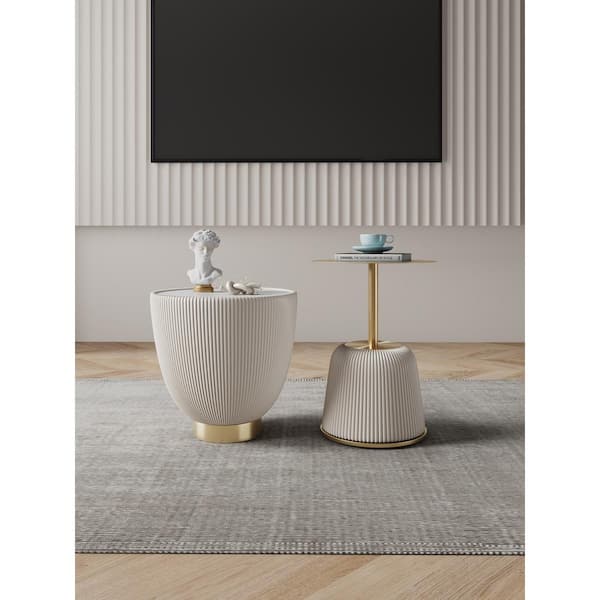 Anderson 18.43 in. Cream Round Faux Leather Upholstered Faux Marble End Table with 15.75 in. Steel End Table