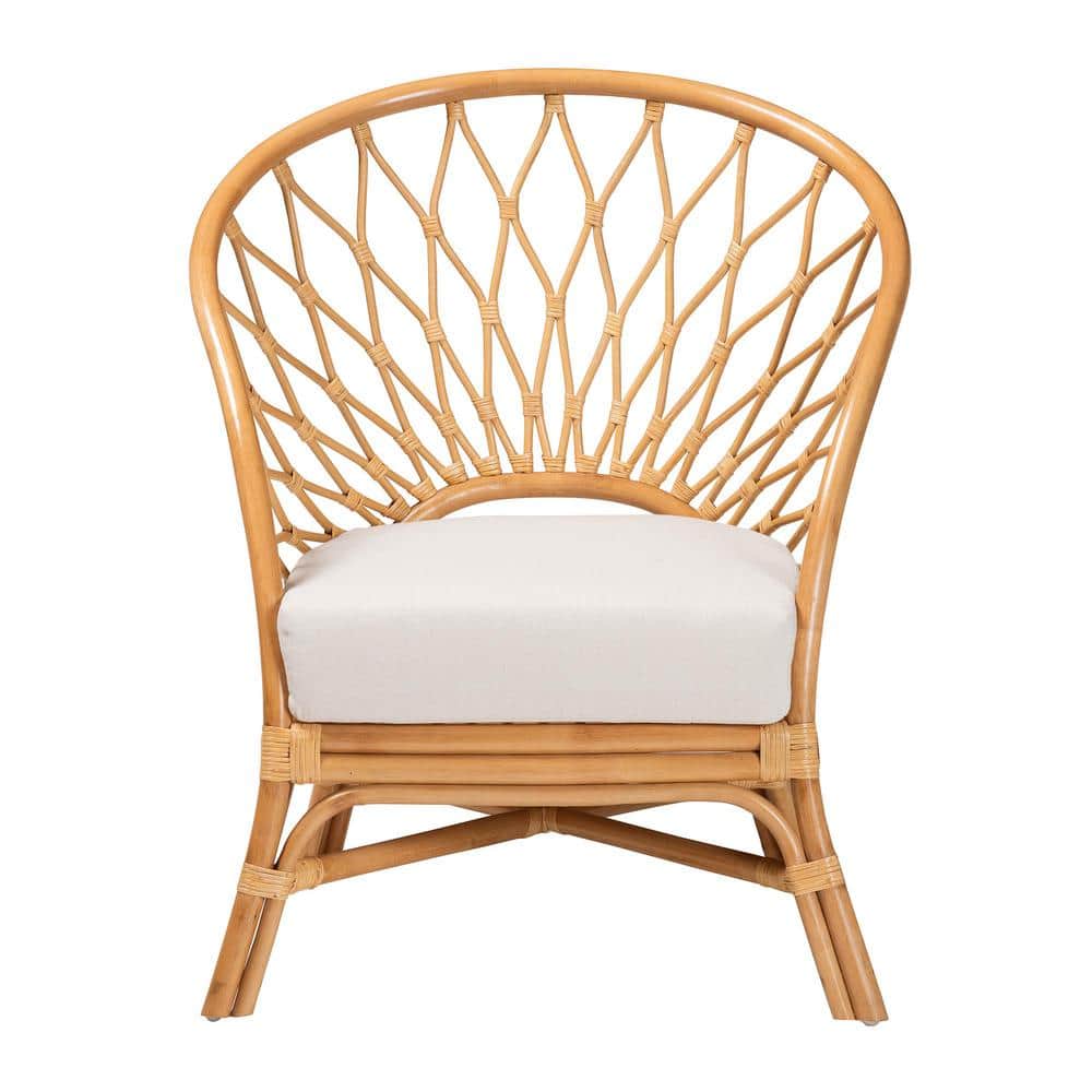 Emmeline Handcrafted Natural Rattan Bohemian Accent Chair with White Cushion