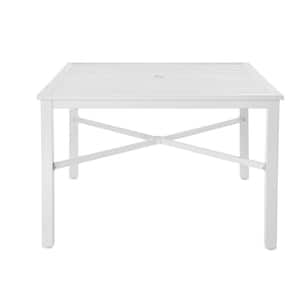 42 in. Mix and Match Lattice White Square Metal Outdoor Patio Dining Table with Slat Top
