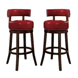35.5 in. Dark Brown and Red Low Back Wooden Frame Bar Stool with Faux Leather Seat(Set of 2)