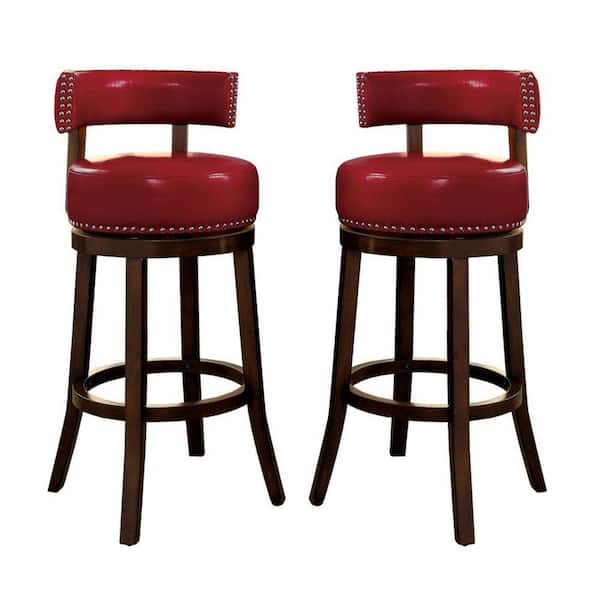 Benjara 35.5 in. Dark Brown and Red Low Back Wooden Frame Bar Stool with Faux Leather Seat(Set of 2)