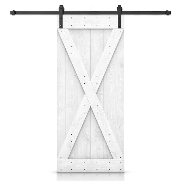 CALHOME 26 in. x 84 in. Distressed X Series Light Cream Stained DIY Wood Interior Sliding Barn Door with Hardware Kit