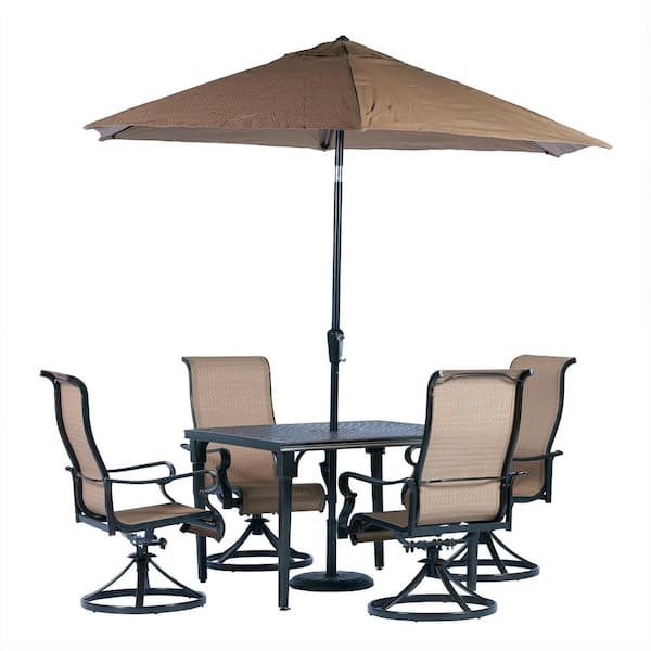 Hanover Brigantine 5-Piece Aluminum Outdoor Dining Set with 4 Swivel Rockers, Square Cast-Top Table, 9 ft. Umbrella and Base