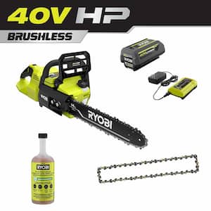 40V HP Brushless 14 in. Battery Chainsaw w/Extra Chain, Biodegradable Bar & Chain Oil, 4.0 Ah Battery & Charger