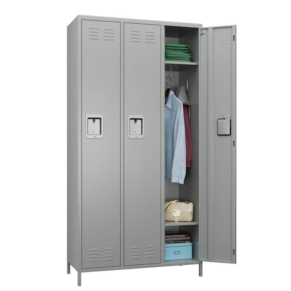 Kaikeeqli Freestanding Cabinet 72 in. H x 35.43 in. W x 15.75 in. D Steel Locker with 3-Lockable Doors in Light Gray