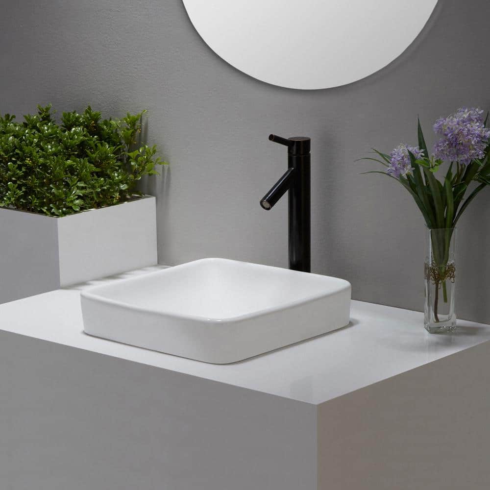 Elavo White Ceramic Square Semi-Recessed Bathroom Sink with Overflow