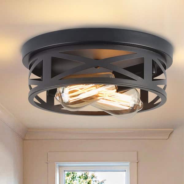 GMGSROM 10.8 in. 2-lights Matte Black Flush Mount Ceiling Light Fixtures With Cage-style Cross Metal Frame