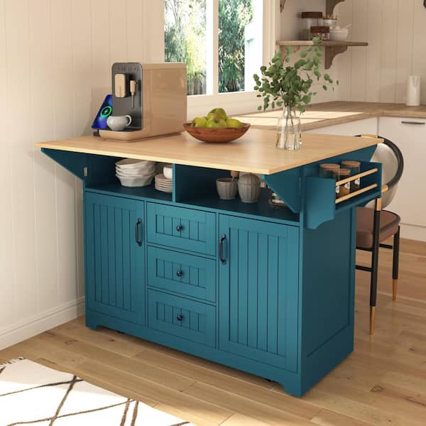 Farmhouse Green Wood 55.75 in. Power Outlet Large Rolling Kitchen Island Cart Folding Storage Table with 2 Drop Leaves
