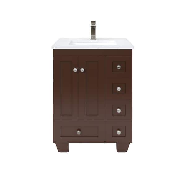 Acclaim 24 in. Single Sink Teak Bath Vanity with White Carrara Quartz Top (Assembled)