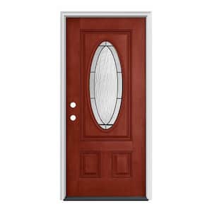 36 in. x 80 in. 3/4 Oval Lite Wendover Black Cherry Stained Fiberglass Prehung Right-Hand Inswing Front Door