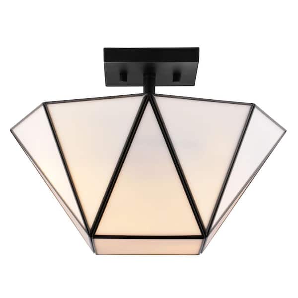 VAXCEL Burnett 14 in. 2-Light Matte Black Mid-Century Modern Semi Flush Mount Ceiling Fixture with White Tiffany Glass Shade