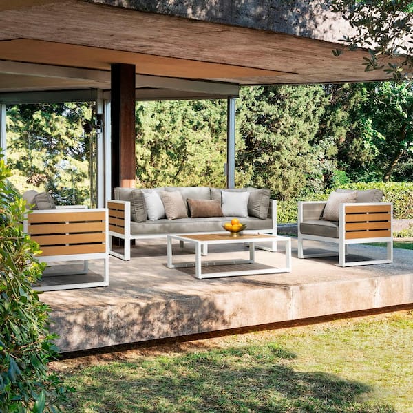 Nuu Garden White Powder coated Aluminum Outdoor Armchair with 4.7 in. Thick Gray Padded Cushion and Pillow Imitation Wood ASS001 02 The Home Depot