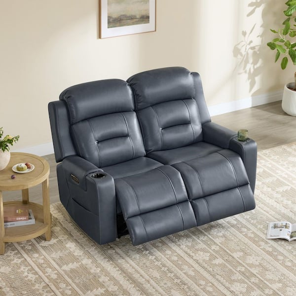 Cade 61.02 in. Rectangle Dual Motors Rolled Arm Lay Flat Leather Reclining Sofa in Navy with Power Headrest