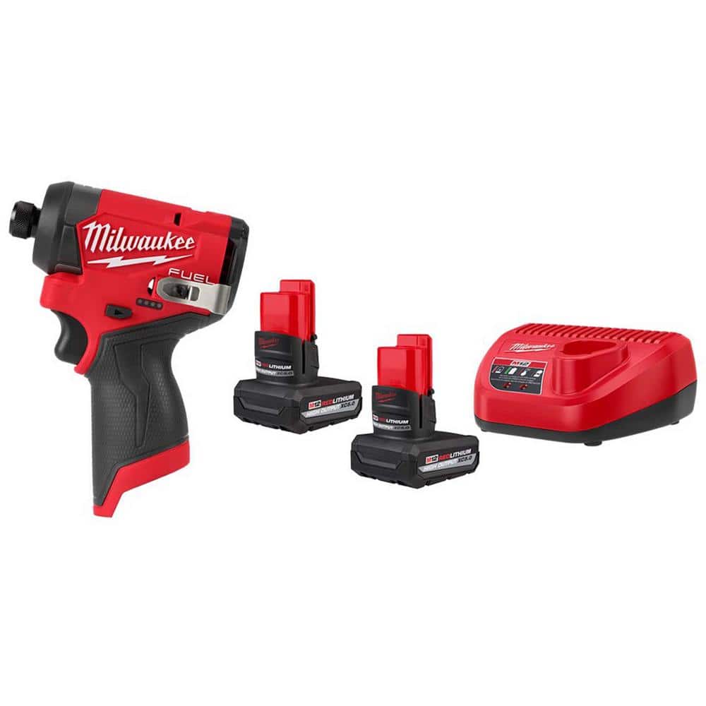 Milwaukee M12 FUEL 12V Lithium-Ion Brushless Cordless 1/4 in. Hex Impact Driver w/M12 Compact 2.0 Ah Battery (2-Pack) Starter Kit