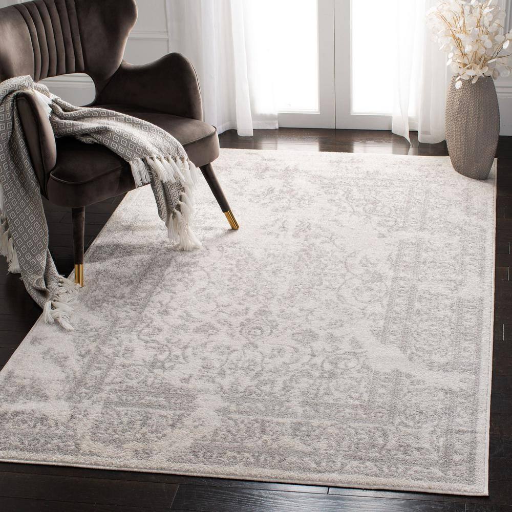 Ivory and Silver Rectangular Synthetic Runner Rug, 12' x 18'