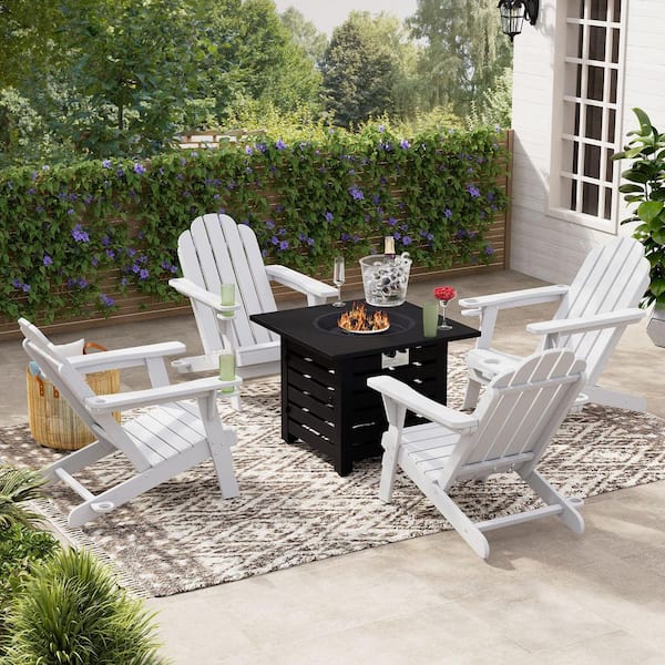 Clihome 5-Piece Black Metal Patio Conversation Fire Pit with 4-White HDpe Adirondack Chairs Seating Set