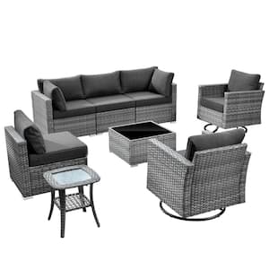 Sanibel Gray 8-Piece Wicker Outdoor Patio Conversation Sofa Seating Set with Swivel Rocking Chairs and Black Cushions