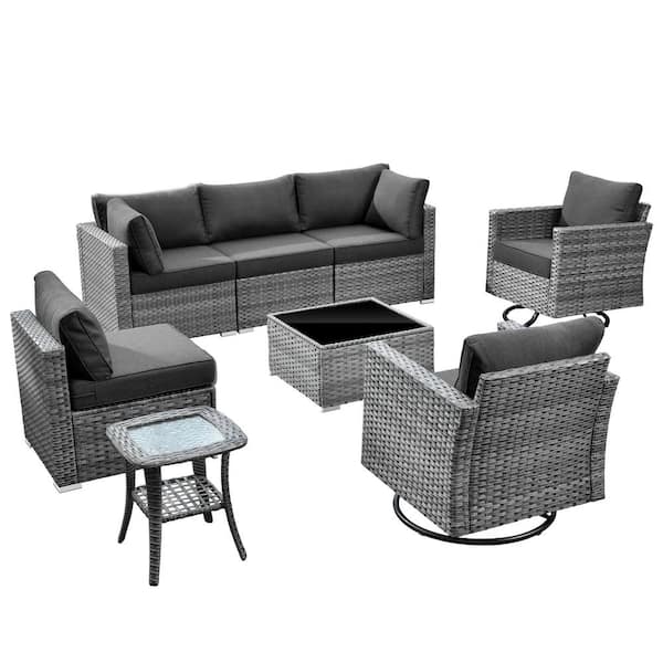 Sanibel Gray 8-Piece Wicker Outdoor Patio Conversation Sofa Seating Set with Swivel Rocking Chairs and Black Cushions